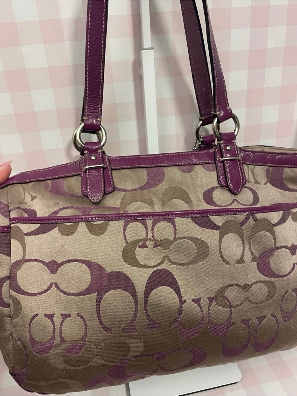 Vintage Coach Tote Bag in Purple and Taupe Signature Canvas - Picture 4 of 6